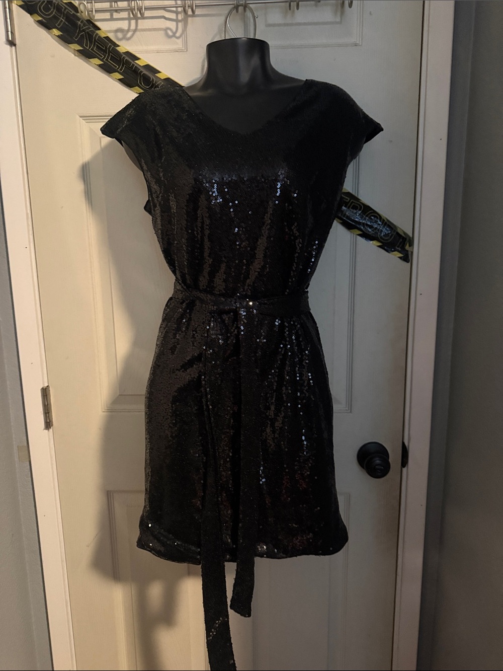 Black Sequin Belted Cocktail Dress